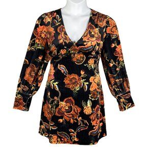 NWT Cider Dress XL Black Velvet Orange Floral Babydoll Long Sleeve Whimsigoth